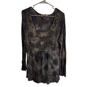 Oneworld Grunge Gray Black Brown Poplin Blouse Tie Dye Lace Pleated Women Size L